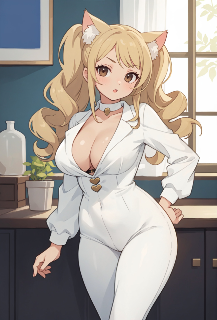 :o ai_generated angry angry_face bangs big_breasts blonde_hair boss breasts brown_eyes cat_ears catgirl cleavage cleavage_cutout collar curly_hair female female_boss female_only heart jorgecarlosai long_hair thick thick_ass thick_thighs white_clothing wide_hips