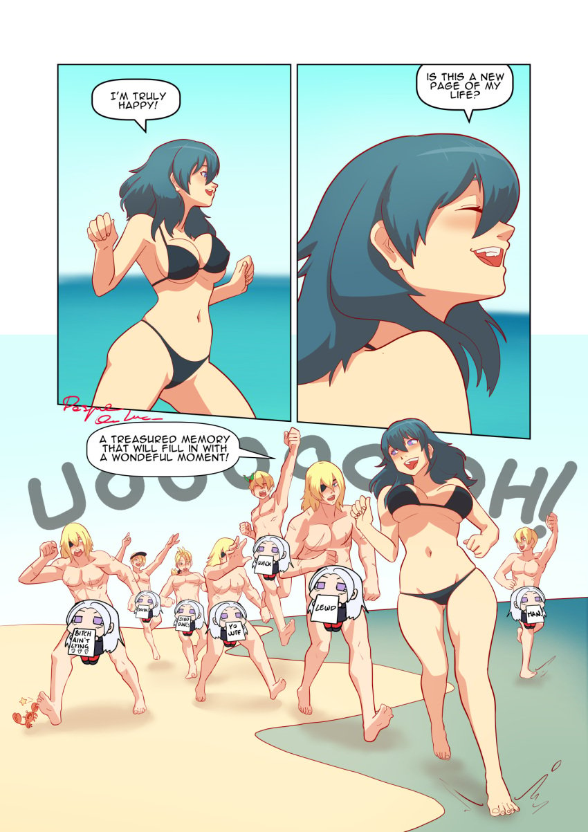 1girls 6+boys 7boys alternate_costume bikini black_bikini black_swimsuit breasts byleth_(female)_(summer)_(fire_emblem) byleth_(fire_emblem) byleth_(fire_emblem)_(female) christmas dekura dimitri_alexandre_blaiddyd dimitri_alexandre_blaiddyd_(blessed_protector) dimitri_alexandre_blaiddyd_(summer) edelgard_von_hresvelg english_text female fire_emblem fire_emblem:_three_houses fire_emblem_heroes fire_emblem_warriors:_three_hopes multiple_boys multiple_persona naked nintendo nude official_alternate_costume official_alternate_hairstyle outdoors swimsuit text