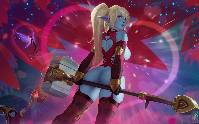 2girls alternate_breast_size alternate_costume alternate_height ass ass_support bare_shoulders blonde_hair brown_thighhighs butt_crack clothing_cutout garter_straps hammer heart_cutout highres holding holding_hammer holding_staff league_of_legends leotard looking_at_viewer looking_back lulu_the_fae_sorceress magic multiple_girls pix_(lol) pointy_ears poppy pussy pussy_peek red_headwear red_leotard riot_games solo_focus staff themaestronoob thighhighs twintails yordle