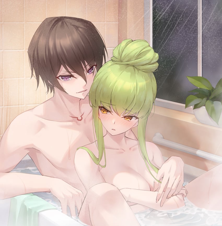 1boy 1girls 2immortals aoba_aratame_ni bathtub big_breasts c.c. code_geass covering_breasts duo lelouch_lamperouge nude tagme wholesome