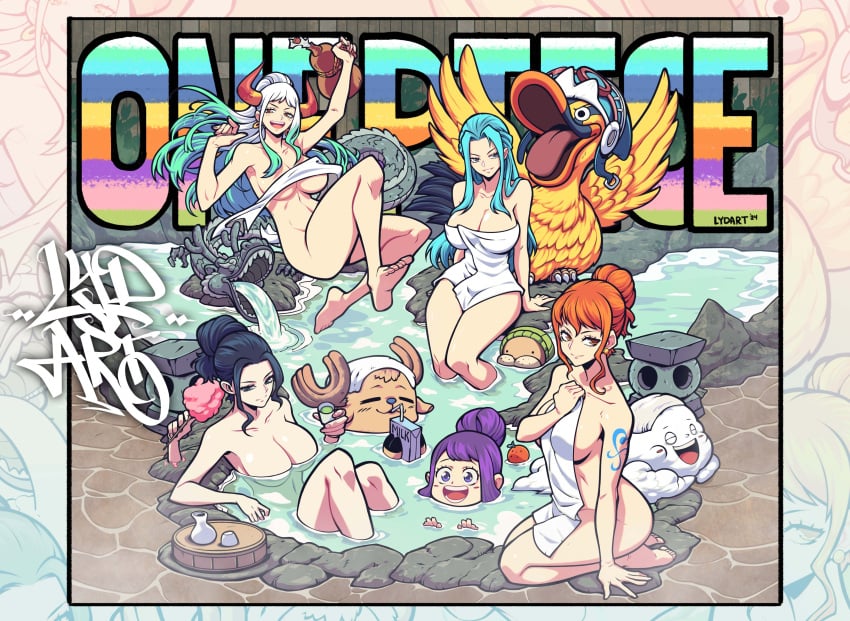 3boys 5girls bath bathing black_hair blue_hair busty cleavage convenient_censoring curvy duck female homie_(one_piece) hot_spring karoo long_hair looking_at_viewer lydart_mclo male naked_towel nami nefertari_vivi nico_robin nude one_piece onsen orange_hair post-timeskip shoulder_tattoo sitting tattoo tied_hair tony_tony_chopper towel two_tone_hair white_hair yamato_(one_piece) zeus_(one_piece)