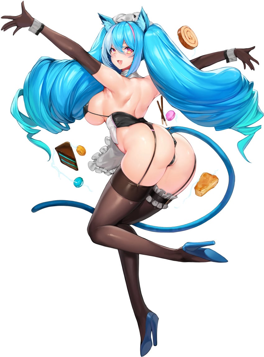 animal_ears aqua_hair ass aurora_(last_origin) bangs blush breasts brown_gloves brown_legwear cake cat_ears cat_tail drill_hair elbow_gloves female female food from_behind full_body gloves hair_between_eyes highres large_breasts last_origin long_hair looking_at_viewer looking_back macaron maid_headdress multicolored_hair official_art open_mouth pie pink_eyes pink_hair pocky sideboob smile snowball22 spread_legs streaked_hair tachi-e tail transparent_background twin_drills