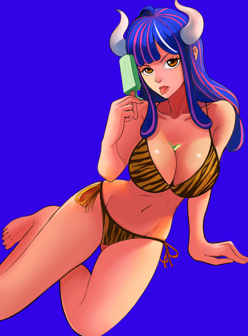 1girls bare_arms bare_legs bare_shoulders bare_thighs big_breasts bikini bikini_bottom bikini_top clothed clothing color coolb female female_focus female_only hi_res horns large_breasts light-skinned_female light_skin long_hair looking_at_viewer multicolored_hair one_piece pink_eyes popsicle shounen_jump sitting solo solo_female tagme thick_thighs tongue tongue_out ulti_(one_piece)