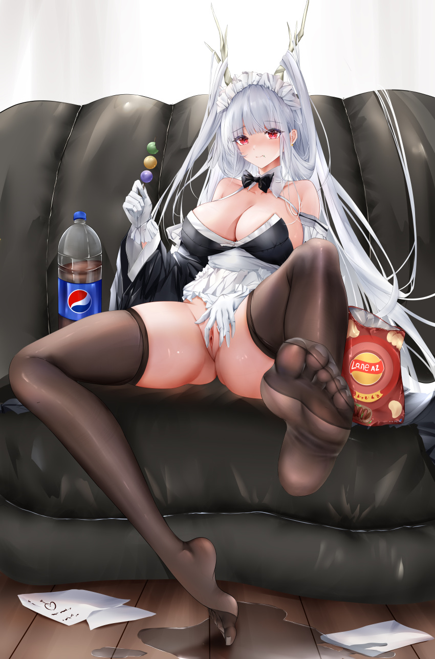 absurdres apron apron_lift azur_lane between_legs blush bottomless brand_name_imitation breasts chips_(food) couch curly_hair dango detached_collar detached_sleeves dragon_girl dragon_horns eating female food food_on_face frilled_apron frilled_gloves frills gloves hair_on_horn hand_between_legs hand_on_own_crotch hand_up highres horns huge_breasts indoors iue_(artist) large_breasts lay&#039;s leg_up legs long_hair long_sleeves looking_at_viewer maid_headdress no_bra no_panties on_couch pepsi potato_chips presenting pussy red_eyes shimanto_(azur_lane) shimanto_(the_comfy_dragon_god)_(azur_lane) skindentation slit_pupils smile soda solo spread_legs spread_pussy suggestive_fluid thighhighs thighs uncensored very_long_hair wagashi waist_apron white_apron white_gloves white_hair wide_sleeves