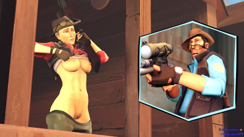 3d big_breasts clothing exhibitionism femsniper flashing flashing_breasts flashing_pussy freezerburnsfm glasses gun headgear looking_at_another nipples public seductive seductive_look sfm shocked shocked_expression sniper_(team_fortress_2) sniper_rifle source_filmmaker team_fortress_2