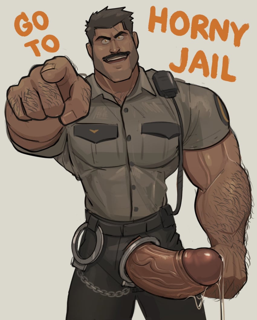 balls bara big_balls big_penis boner clothing erection facial_hair frank_(kenkudog) handcuffs kenkudog male male_only moustache muscles muscular officer penis penis_out police police_uniform precum solo solo_male