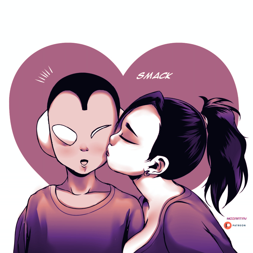 1boy 1girls asian asian_female between_breasts big_breasts black_hair blush breast_squeeze breasts cleavage cleavage_overflow closed_eyes couple curvy cute cute_expression dragon_ball dragon_ball_super dragon_ball_z extraterrestrial female heart jaco jaco_the_galactic_patrolman kale kawaii kissing kissing_cheek lipstick male mozartav plump_lips ponytail saiyan saiyan_girl slice_of_life smack soft_breasts squeezing_breast text tight_clothing topwear