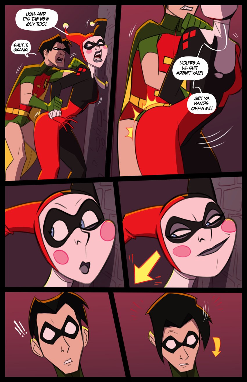 batman_(series) comic dc dc_comics dialogue english_text female harley_quinn harley_quinn_(classic) jason_todd male robin_(dc) robin_(jason_todd) speech_bubble stickymon text