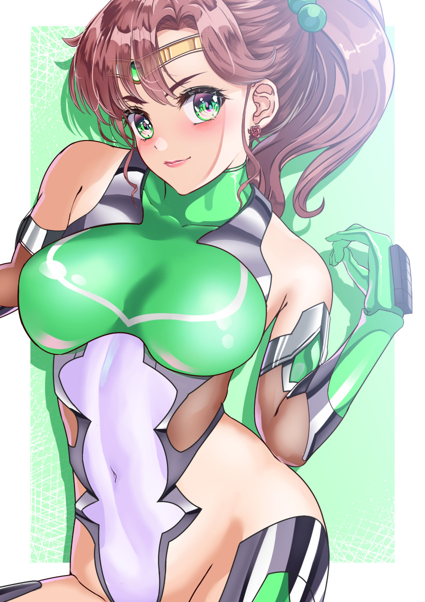 absurdres arion_canvas bare_shoulders bishoujo_senshi_sailor_moon breasts brown_hair circlet closed_mouth clothing commentary_request covered_navel earrings elbow_gloves female flower_earrings gem gloves green_eyes green_gemstone hair_bobbles hair_ornament highres jewelry large_breasts lips looking_at_viewer makoto_kino medium_breasts medium_hair ponytail sailor_jupiter sidelocks simple_background smile solo taimanin_(series) taimanin_suit white_background