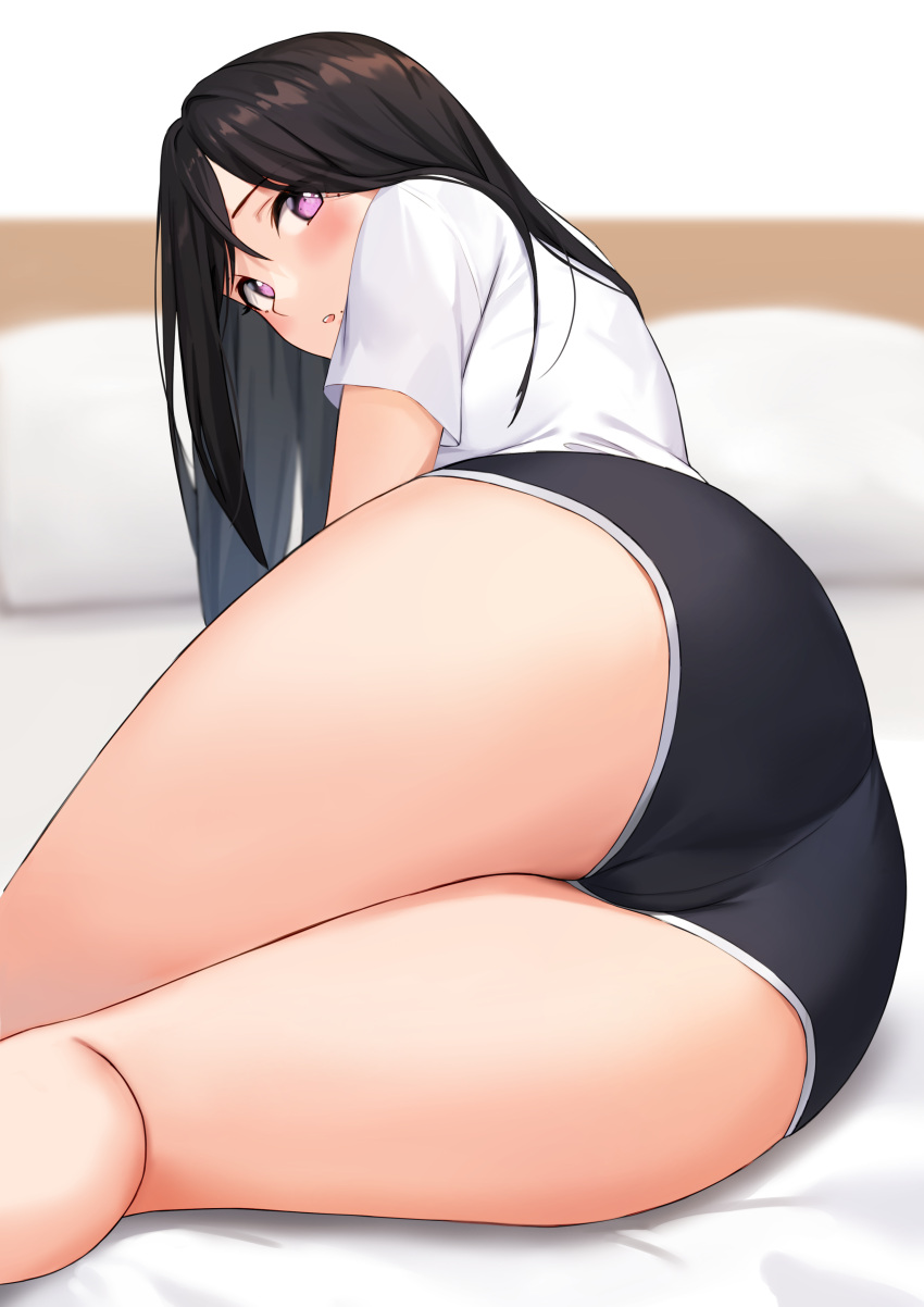 1girls anti_(0324) ass ass_focus bed bed_sheet blush female female_only hi_res looking_at_viewer on_bed original pillow shirt short_shorts shorts sumire_(anti_(0324)) thick_thighs thighs