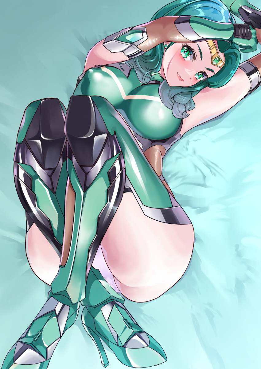 absurdres aqua_bodysuit aqua_eyes arion_canvas bishoujo_senshi_sailor_moon blush bodysuit breasts circlet clothing covered_nipples elbow_gloves female gloves green_hair high_heels highres impossible_bodysuit impossible_clothes impossible_leotard leotard lips lying michiru_kaiou revision sailor_neptune short_hair skin_tight small_breasts smile solo stockings swept_bangs taimanin_(series) taimanin_suit