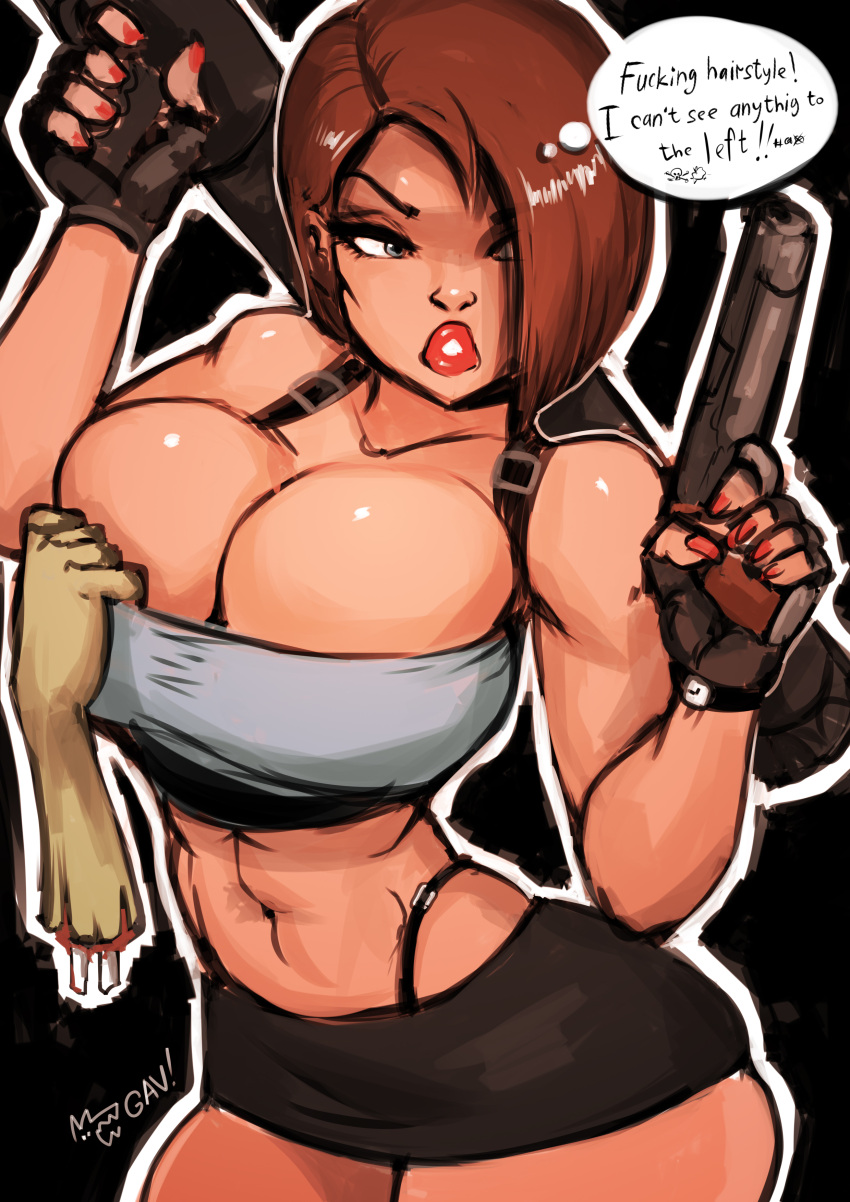 aleksandrgav black_g-string black_panties black_thong brown_hair busty capcom cleavage crop_top female g-string hair_over_one_eye high-waisted_thong hourglass_figure jill_valentine jill_valentine_(julia_voth) large_breasts lipstick miniskirt navel panties panties_exposed panties_showing panty_peek pinup pinup_pose resident_evil resident_evil_3 short_hair skimpy skimpy_clothes skirt solo_focus text thong thong_above_skirt thong_exposed thong_panties thong_peek thong_showing thong_straps thong_underwear thought_bubble tubetop whale_tail wide_hips