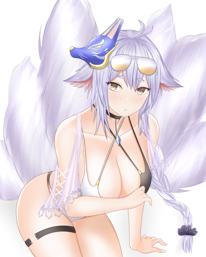 absurdres animal_ears aviator_sunglasses azur_lane bikini black_choker breasts choker eyewear_on_head female female fox_ears fox_mask fox_tail halterneck highleg highleg_bikini highres huge_breasts large_breasts long_hair looking_away mask mask_on_head silver_hair solo sunglasses swimsuit tail tosa_(azur_lane) tosa_(hometown_zest)_(azur_lane) two-tone_bikini woon