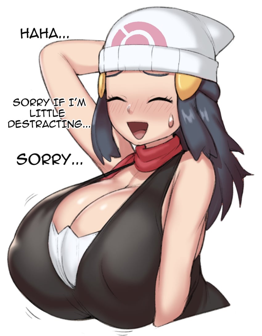 1girls alternate_breast_size big_breasts blue_hair blush breasts breasts_bigger_than_head casual closed_eyes dawn_(pokemon) embarrassed female female_focus female_only fully_clothed game_freak grey_impact hat huge_breasts huge_tits human human_only large_breasts long_hair nintendo nipple_bulge pokemon pokemon_dppt scarf solo solo_female sweat text upper_body white_background wide_hips