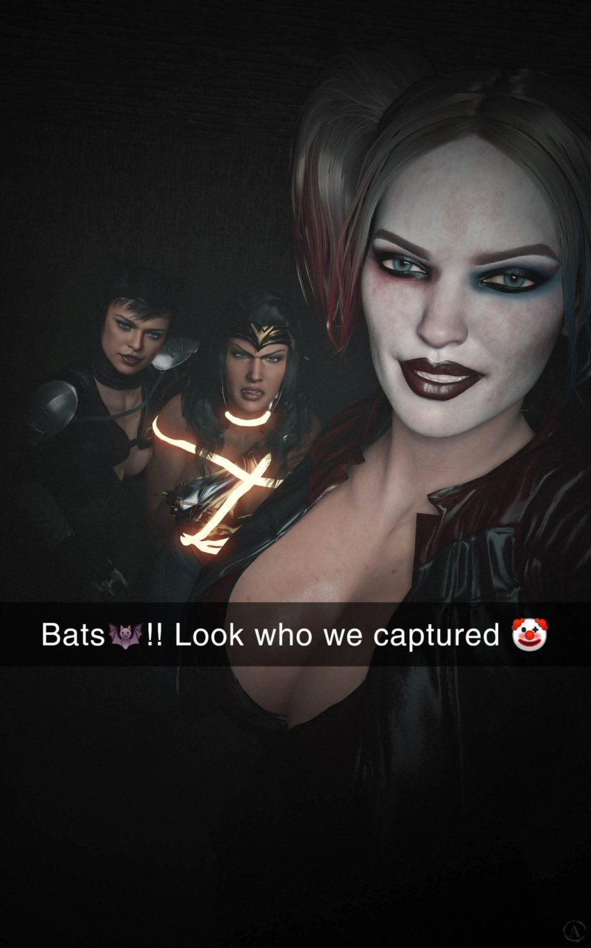 3d 3girls alf3d amazon batman_(series) big_ass big_breasts breasts caption catwoman catwoman_(injustice) cuckold curvy_figure dc dc_comics diana_prince eyebrows eyelashes eyes female female_focus female_only harley_quinn harley_quinn_(injustice) heroine huge_breasts human injustice_2 lasso lasso_of_truth light-skinned_female light_skin multiple_girls selina_kyle superhero superheroine themysciran thick wonder_woman wonder_woman_(injustice) wonder_woman_(series)