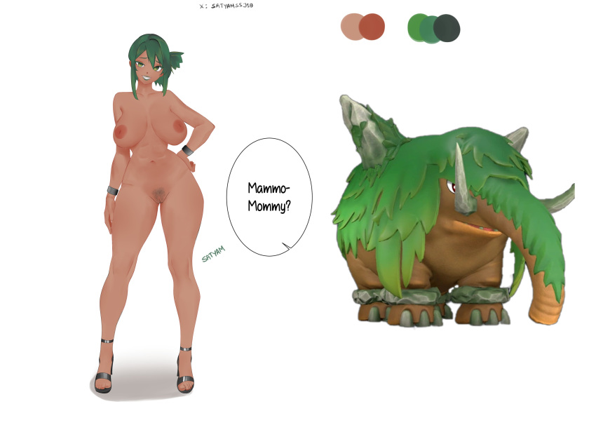 absurdres breasts creature_and_personification dark-skinned_female dark_skin female_pubic_hair green_eyes green_hair hand_on_own_hip highres humanization inverted_nipples large_breasts mammorest_(palworld) mature_female midriff muscular muscular_female pal_(species) palworld pubic_hair reference_inset satyam_ssj10 short_hair thick_thighs thighs