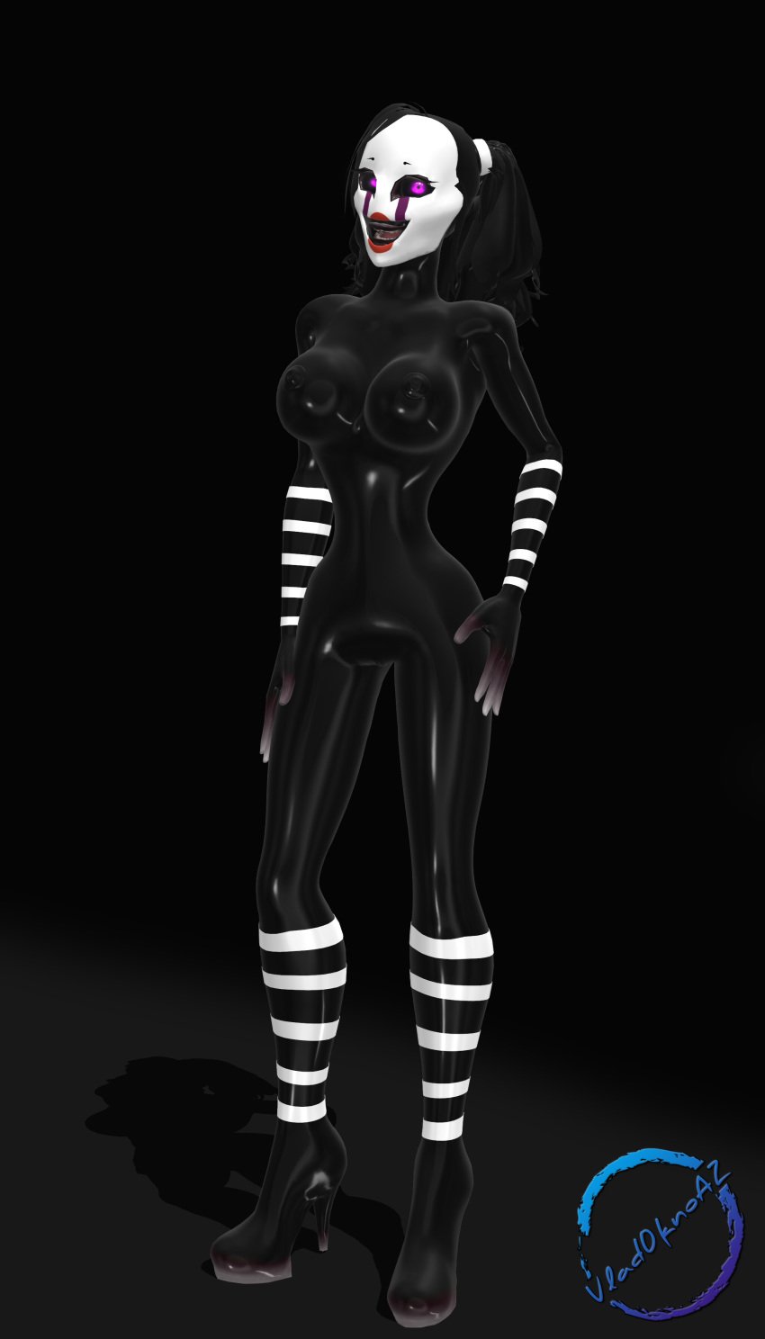 1girls 2018 3d_(artwork) absurd_res anthro big_breasts black_body black_hair clothing curvy_anthro digital_media_(artwork) female female_only five_nights_at_freddy's five_nights_at_freddy's_2 hair hi_res high_heels living_puppet marionette_(fnaf) mask puppet_(fnaf) purple_eyes scottgames solo striped_arms striped_legs stripes vladoknoaz113 white_stripes