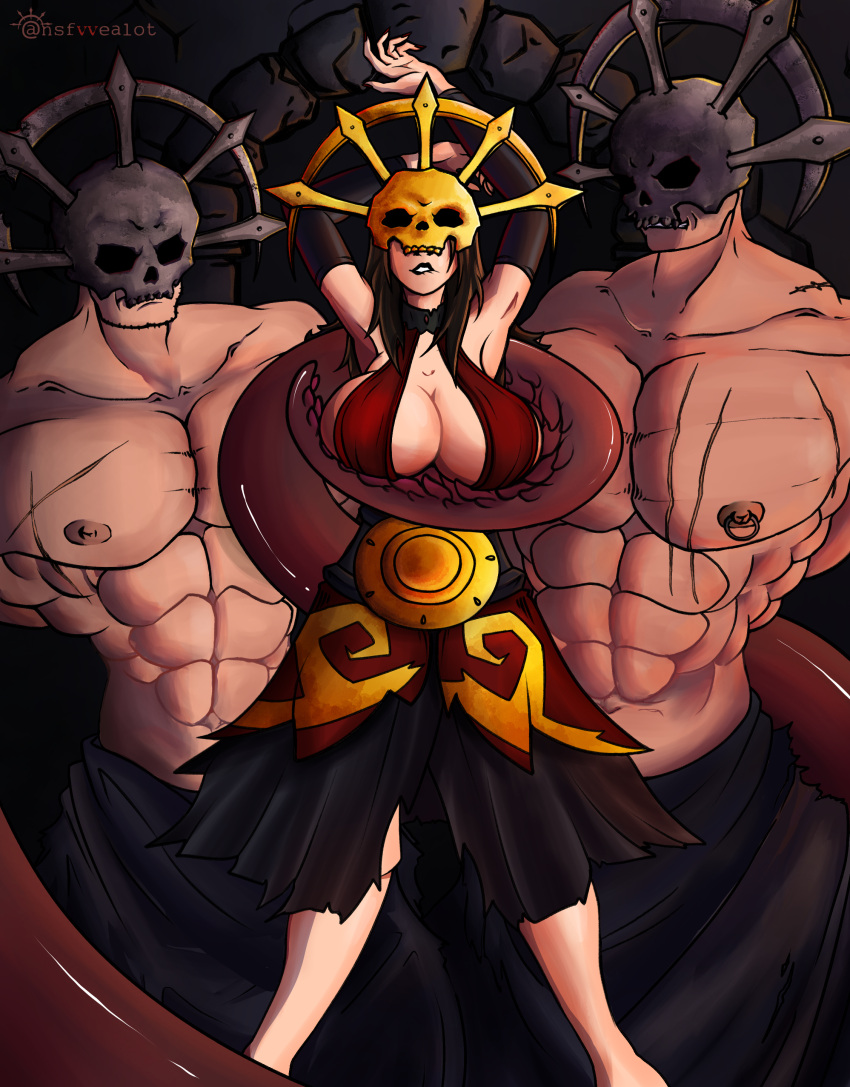 2boys 2boys1girl arms_up armwear big_breasts biting_lip breasts brown_hair cleavage clothed clothing covered_eyes cultist cultist_acolyte cultist_brawler darkest_dungeon dress dungeon eyes_covered female femsub helmet_over_eyes huge_breasts imminent_rape imminent_sex large_breasts lipbite mask masked_female masked_male mmf_threesome muscular muscular_male nsfvvealot presenting restrained ripped_clothing scars straight tentacle tentacles_around_legs