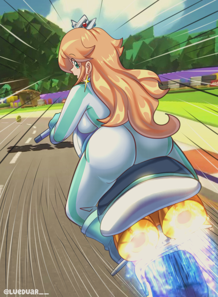 1girls ass ass_focus bodysuit clothing crown female female_focus female_only hair hi_res human jumpsuit lueduartv mario_(series) mario_circuit_(super_curcuit) mario_kart mario_kart_8 open_mouth outdoors princess_rosalina signature sitting solo