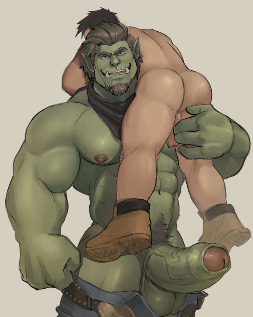 balls bara big_balls big_penis facial_hair green_body green_skin kenkudog lifting_person male male_only muscles muscular orc penis person_on_shoulder shirtless size_difference