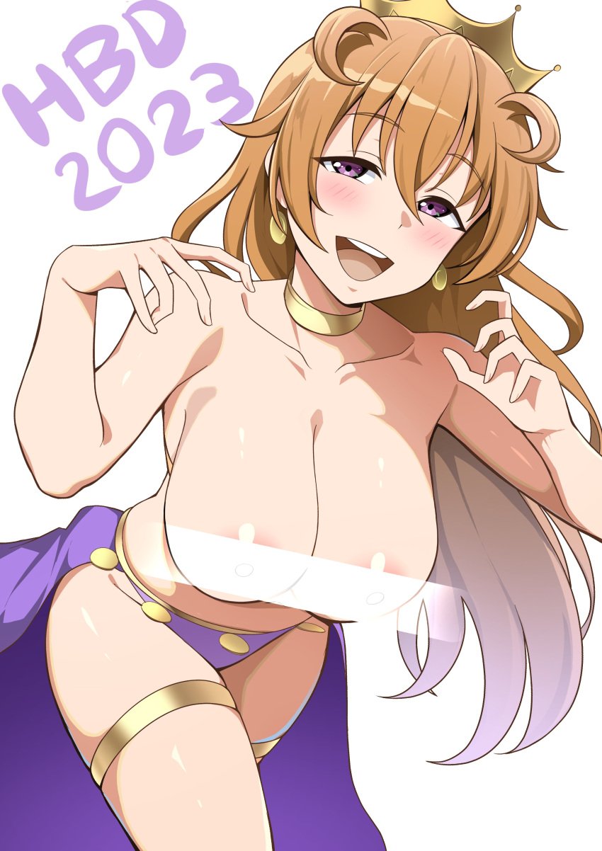 1girls areolae bare_arms bare_breasts bare_legs bare_midriff bare_shoulders bare_thighs belly blush blush_lines breasts brown_hair cleavage collarbone crown dot_nose earrings elbows female female_focus female_only hair_between_eyes hands_up hanging_breasts high_resolution highres hourglass_figure konoe_kanata large_breasts leaning_forward legs light_skin limelam06 lips long_hair looking_at_viewer love_live! love_live!_nijigasaki_high_school_idol_club navel nipples nude open_mouth panties sideboob simple_background slender_body slender_waist slim_girl slim_waist smile smiling smiling_at_viewer solo standing thick_thighs thighs thin_waist uncensored uncensored_breasts uncensored_nipples upper_body white_background