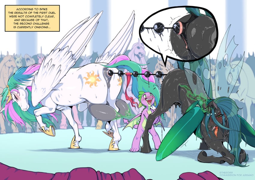 2024 alicorn anal anal_beads animal_genitalia animal_pussy anthro arthropod big_crotchboobs changeling crotchboobs dragon english_text equid equine equine_genitalia equine_pussy etheross female female/female feral friendship_is_magic genitals hasbro hi_res holding_breath horn insect_wings insectoid male mammal my_little_pony nipple_pull nipple_tweak princess_celestia_(mlp) pussy queen_chrysalis_(mlp) sex_battle sex_toy spike_(mlp) struggle text tug_of_war wings