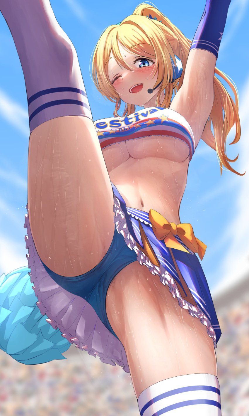 1girls ayase_eli blonde_hair blue_panties blue_skirt cheerleader cheerleader_outfit cheerleader_uniform cleavage female headset love_live! one_eye_closed one_eye_open open_mouth silver_bullet silver_bullet_(ecc12_8) sweat sweating sweaty sweaty_body sweaty_breasts upskirt