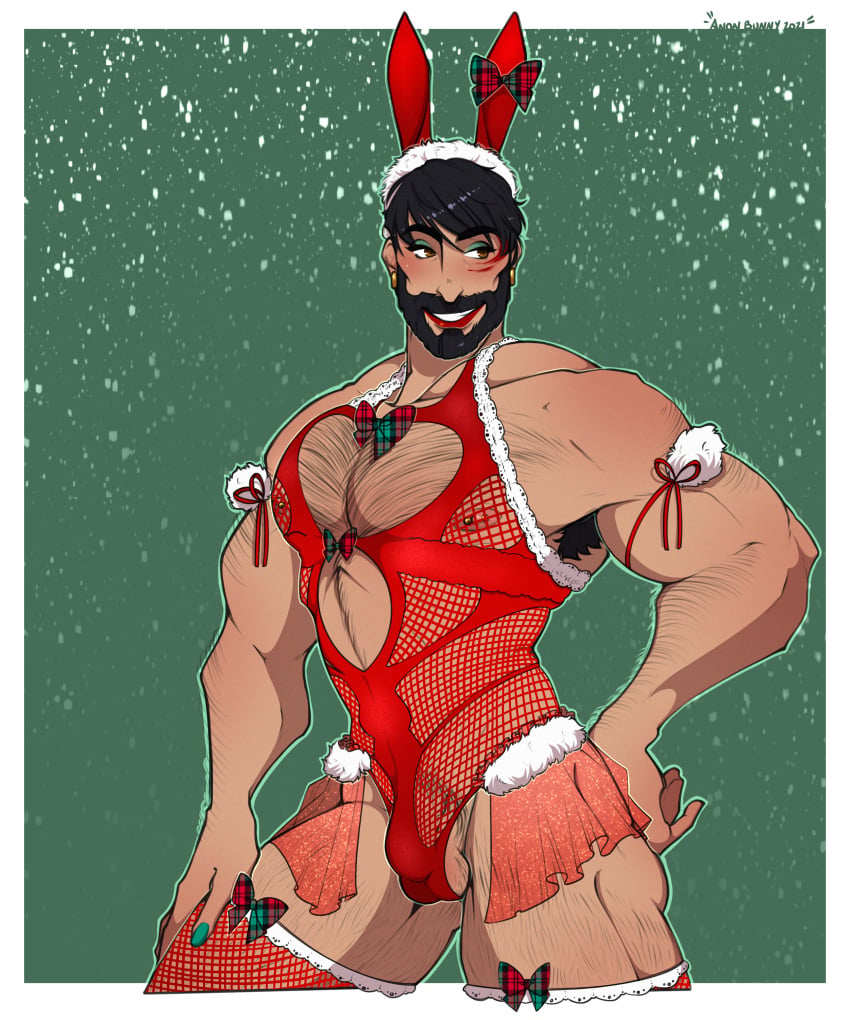 anonbunny balls_in_panties bara black_hair brown_eyes bunny_ears crossdressing dragon_age dragon_age_2 fishnets flaccid hairy hawke human lingerie muscles muscular nipple_piercing nipples oc original_character panties smile solo solo_male video_games