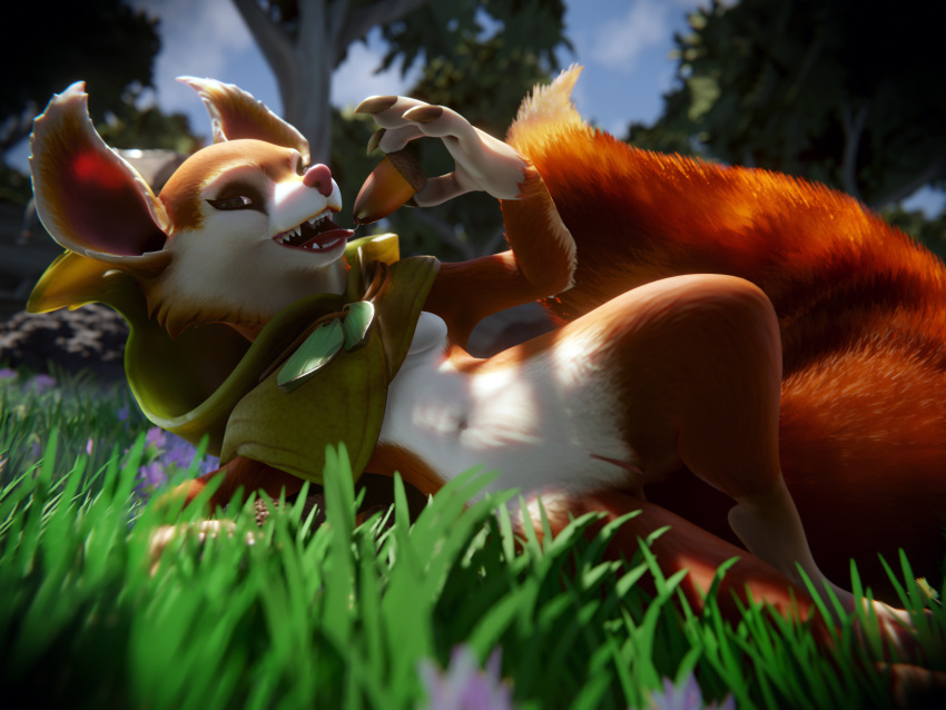 3d 3d_(artwork) 4_fingers acorn ano_delta anthro cape claws clothing digital_media_(artwork) dota dota_2 female field fingers food fruit fur genitals grass hi_res hood hoodwink_(dota) licking lying mammal nut_(fruit) on_grass on_side outside plant pussy red_body red_fur rodent sciurid sky solo tail_tuft tongue tongue_out tree tree_squirrel tuft video_games white_body wood