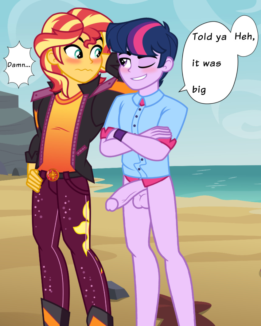 arms_crossed beach blush dusk_shine_(mlp) exhibitionism gay genderbend my_little_pony my_little_pony_equestria_girls public_nudity rule_63 semi-erect showing_off sundown_glare_(mlp) veiny_penis winking_at_partner yaoi