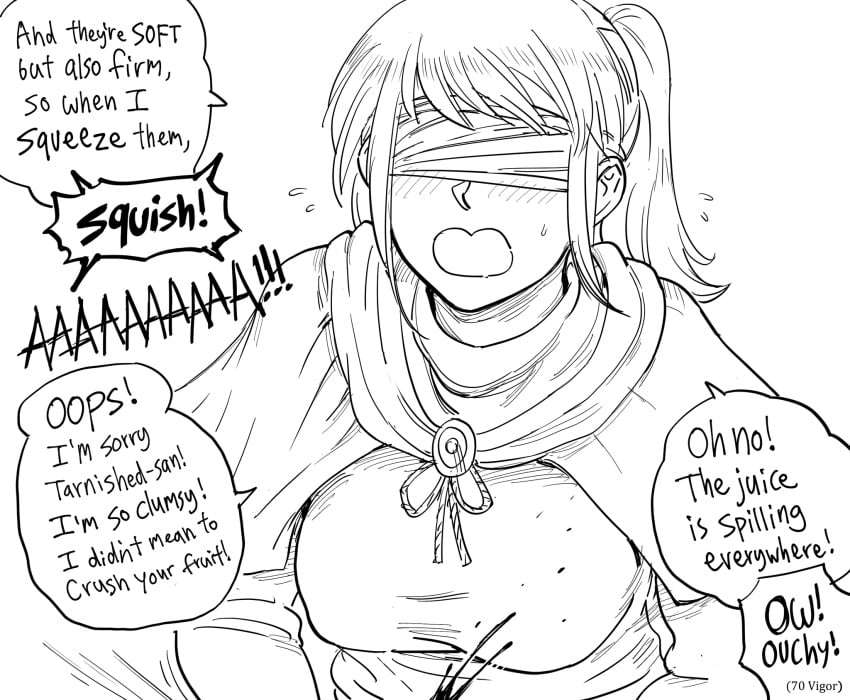 2022 :o ball_crushing ballbusting bangs bb_(baalbuddy) big_breasts black_and_white blind blind_girl blindfold blood blush breasts clothed_breasts clothed_female comic cracked_balls elden_ring english_text fromsoftware funny humor hyetta_(elden_ring) monochrome open_mouth parody ponytail popped_balls sketch tagme tarnished text