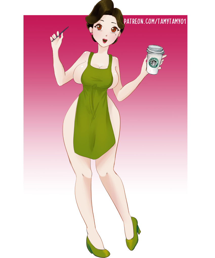 apron_only big_breasts black_hair brown_eyes disney gradient_background high_heels milf ming_lee mole mole_under_eye naked_apron pixar purple_background solo starbucks tamytamy01 turning_red white_background