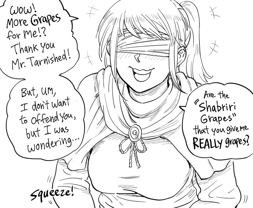 bangs bb_(baalbuddy) black_and_white blind blind_girl blindfold blush breasts clothed_female comic elden_ring frock fromsoftware funny humor hyetta_(elden_ring) implied_handjob monochrome open_mouth parody ponytail sketch suggestive text text_bubble