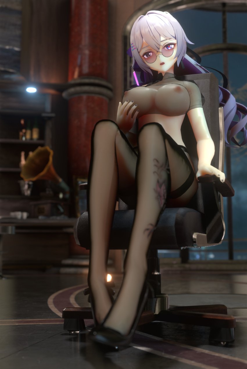 1girls 3d aline_en areolae black_heels black_stockings breasts bronya_zaychik bronya_zaychik_(silverwing:_n-ex) female_focus female_only fully_clothed glasses grabbing_own_breast heels highres honkai_(series) honkai_impact_3rd long_hair nail_polish nipples pantyhose purple-tinted_eyewear purple_eyes purple_hair round_glasses see-through see-through_clothing sole_female solo solo_focus sunglasses tagme tattoo tinted_eyewear