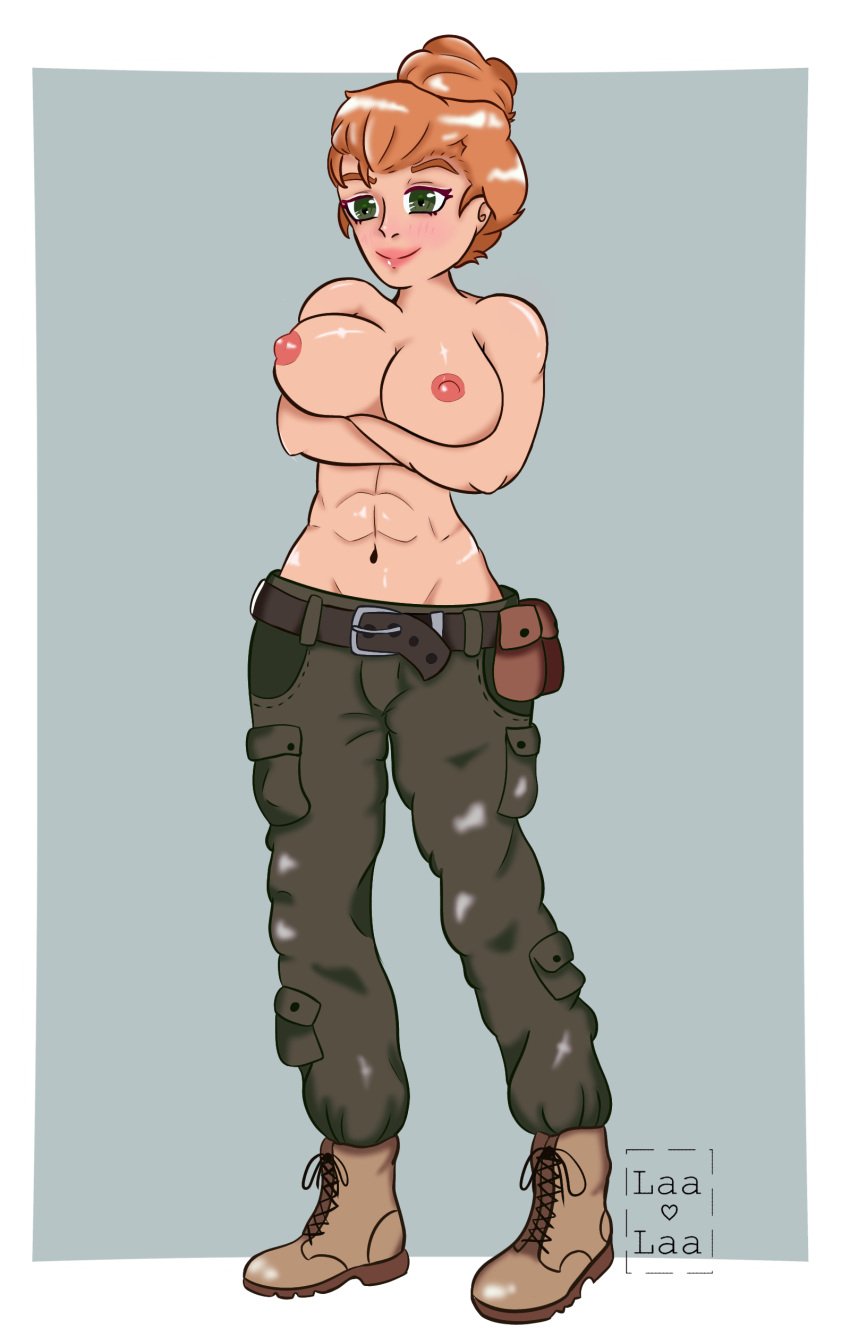 breasts clothed female female_only flashing flashing_breasts ginger_hair military military_boots military_pants military_uniform