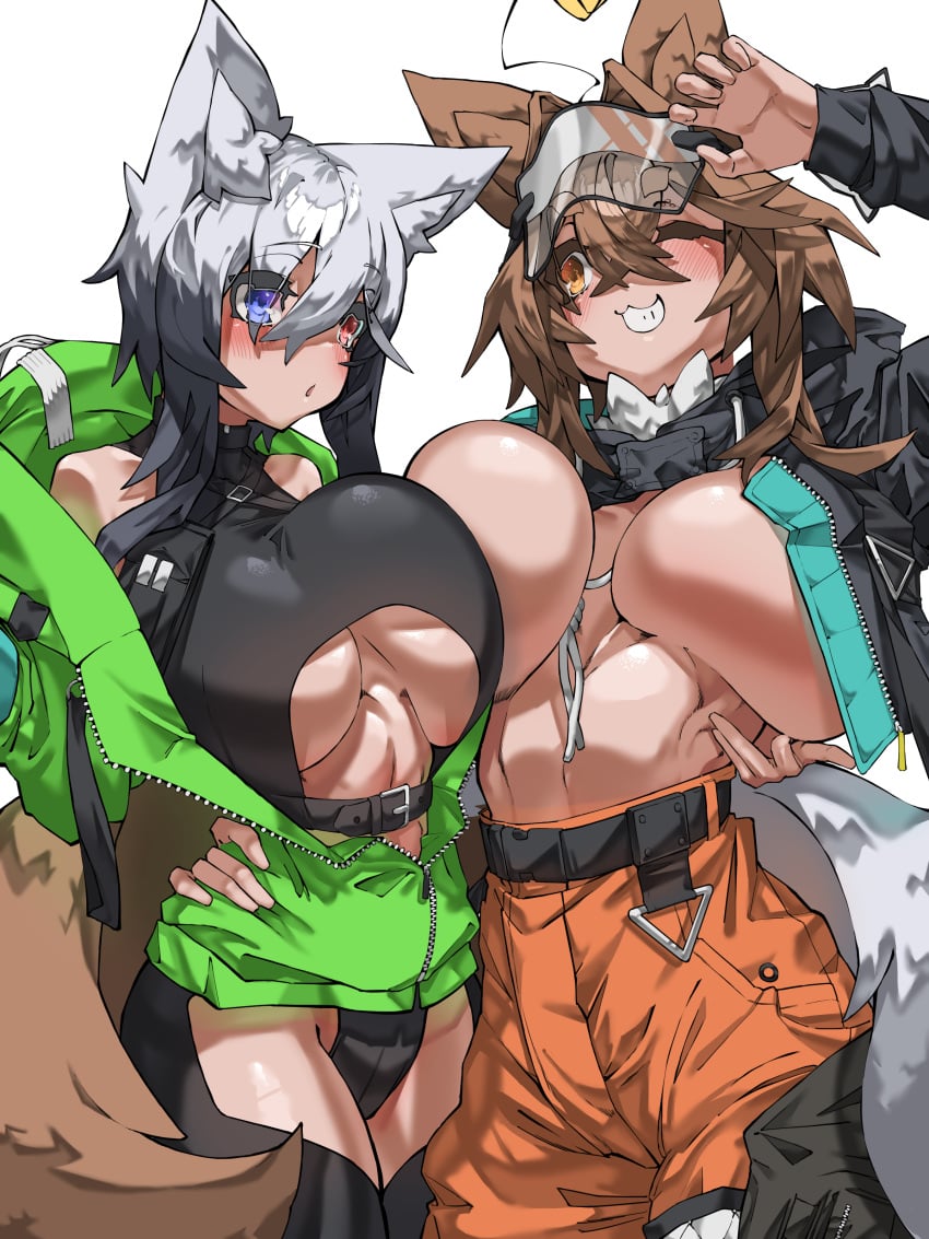 2girls absurdres animal_ear_fluff animal_ears arm_up asymmetrical_docking bare_shoulders belt black_jacket black_legwear blue_eyes blush breast_press breasts brown_eyes brown_hair eyebrows_visible_through_hair eyes_visible_through_hair female green_jacket grey_hair hair_between_eyes hand_on_another's_hip highres hood hood_down hooded_jacket huge_breasts huu_(mohujirou1811) jacket long_hair looking_at_another multiple_girls one_eye_closed original parted_lips red_eyes see-through simple_background smile tail teeth triangle turtleneck visor_cap white_background zipper zipper_pull_tab