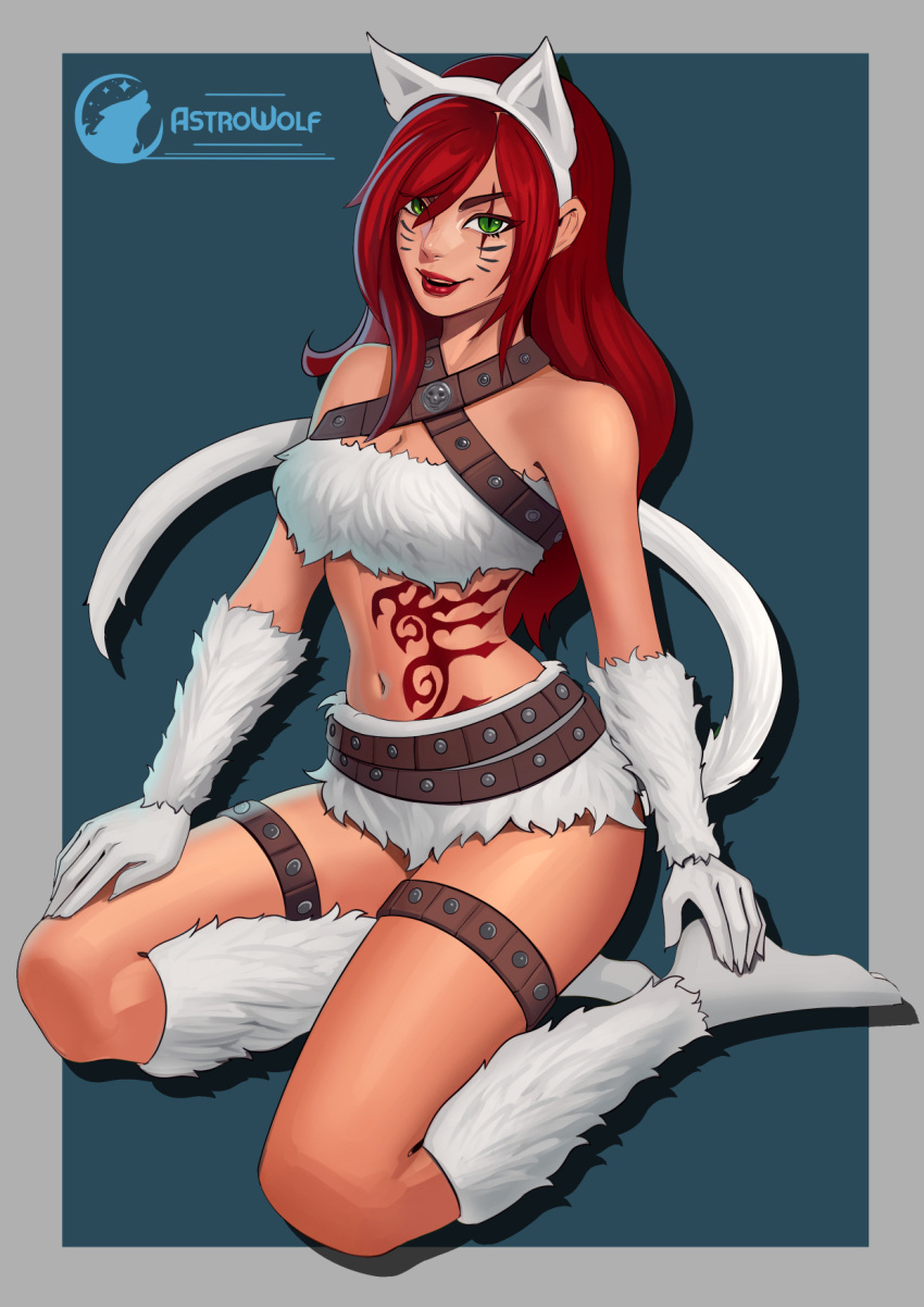 1girls astrowolf cat_ears cat_tail facing_viewer full_body katarina_du_couteau kitty_cat_katarina league_of_legends looking_at_viewer red_hair scar smile solo tales_from_the_rift_series tattoo thick_thighs yokozuwari