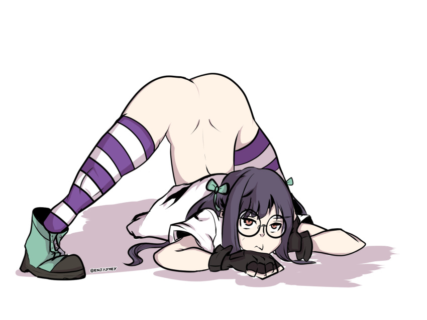 ass ass_focus ass_up back boots enjayhey female fingerless_gloves glasses jack-o'_crouch_pose jack-o_pose jackochallenge looking_at_viewer nagi_usui neo:_the_world_ends_with_you pouting purple_hair ribbon ribbons solo_female solo_focus splits the_world_ends_with_you