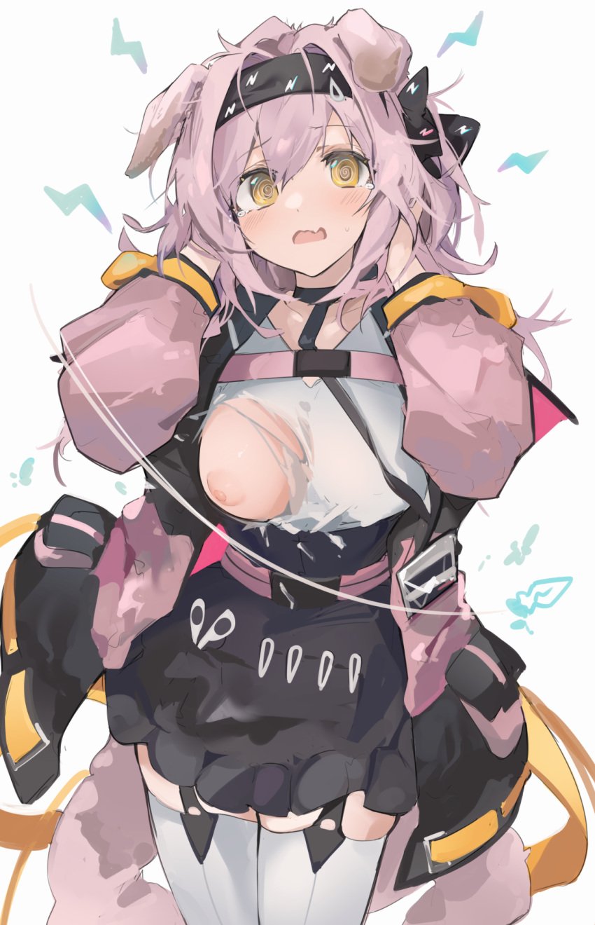 @_@ animal_ears arknights bangs black_bow black_choker black_hairband black_skirt blush bow breasts cat_ears cat_girl cat_tail choker coat cowboy_shot electricity exposed_breast eyebrows_visible_through_hair female floppy_ears garter_straps goldenglow_(arknights) hairband hairbow hands_in_hair hands_up high-waist_skirt highres id_card lightning_bolt_print long_hair looking_at_viewer medium_breasts mikozin nipples one_breast_out open_clothes open_coat open_mouth pink_coat pink_hair scissors shirt simple_background skirt solo tail tearing_up thighhighs torn_clothes torn_shirt white_background white_legwear white_shirt yellow_eyes zettai_ryouiki