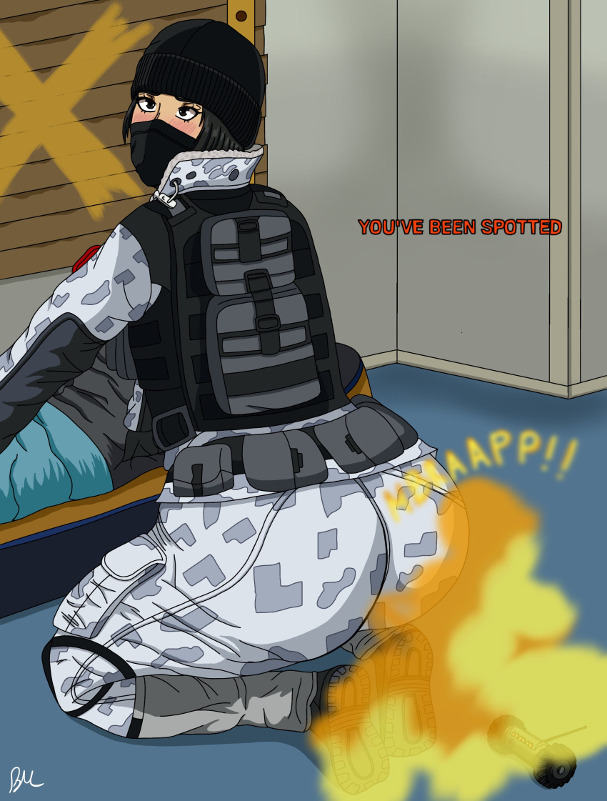 1girls asian asian_female beanermane beanie black_eyes black_hair blush drone drone(rainbow_six_siege) english_text fart fart_cloud fart_fetish farting female frost_(rainbow_six) mask rainbow_six rainbow_six_siege solo_female text ubisoft