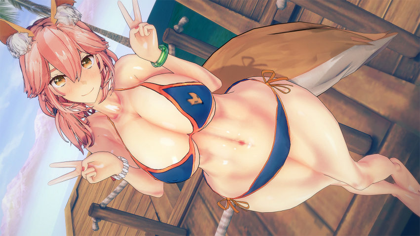 1girls 3d animal_ears bad_anatomy big_breasts big_eyes bikini blue_bikini breasts busty child_bearing_hips cleavage cocoron cute double_v ear_fluff fate/extra fate/grand_order fate_(series) fox fox_ears gesture hand_gesture happy hip_bones hourglass_figure koikatsu large_breasts lowleg_bikini navel navel_line orange_bikini orange_ears orange_eyes peace_sign pier seductive smile smiling solo standing tail tamamo_no_mae_(fate) toned two_tone_bikini v wasp_waist wide_hips