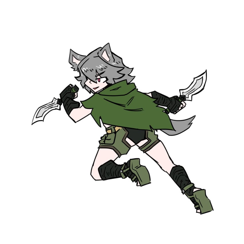 attacking black_panties cape dagger daggers holding_dagger holding_weapon juztplay leaf_cloak open_mouth panties pink_eyes rogue_the_wolf_girl_(juztplay) sandals sfw wolf wolf_ears wolf_girl wolf_humanoid