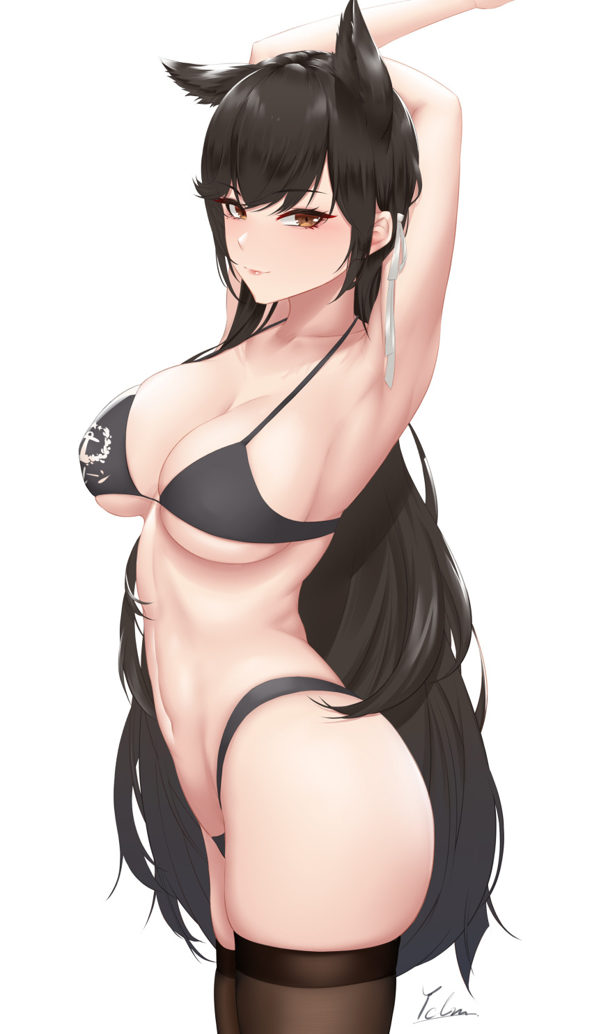 1girls absurdres animal_ears arms_behind_back arms_up atago_(azur_lane) azur_lane bangs bikini black_bikini black_hair black_legwear breasts brown_eyes cleavage closed_mouth cowboy_shot dog_ears extra_ears eyebrows_visible_through_hair female from_side hair_ribbon highleg highleg_bikini highres ichikushi_mojibake large_breasts light-skinned_female light_skin long_hair looking_at_viewer mole mole_under_eye navel ribbon sakura_empire_(azur_lane) signature simple_background skindentation smile solo swept_bangs swimsuit thighhighs tsurime underboob very_long_hair white_background