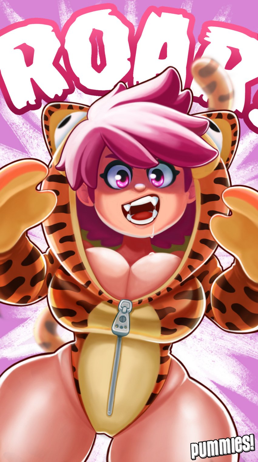 1girls bare_shoulders big_breasts breast_press button_nose drool_on_breasts drooling earthbound fake_tail fursuit glowing_eyes googly_eyes hood hoodie kumatora leotard looking_at_viewer mittens mother_(series) mother_3 naked_hoodie neck nintendo overflow pink_eyes pink_hair pummies pussy_outline roaring roleplay saliva shadow sharp_teeth shiny_skin short_hair shoulders squeezing_breast text text_focus thigh_gap thighs tiger_print tight_clothing wide_hips zipper