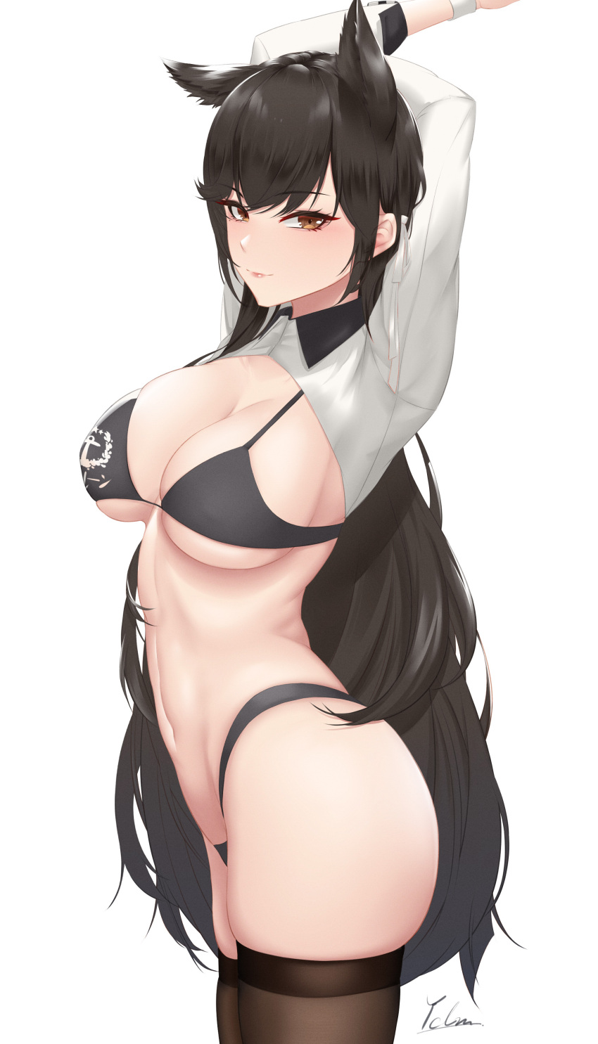 1girls absurdres animal_ears arms_behind_back arms_up atago_(azur_lane) azur_lane bangs bikini black_bikini black_hair black_legwear breasts brown_eyes cleavage closed_mouth collared_shirt cowboy_shot cropped_shirt dog_ears extra_ears eyebrows_visible_through_hair female from_side highleg highleg_bikini highres ichikushi_mojibake large_breasts light-skinned_female light_skin long_hair long_sleeves looking_at_viewer mole mole_under_eye navel sakura_empire_(azur_lane) shirt signature simple_background skindentation smile solo swept_bangs swimsuit thighhighs tsurime underboob very_long_hair white_background