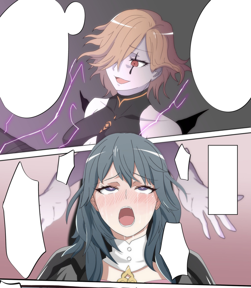 2girls ahe_gao bad_end blank_eyes blue_eyes blue_hair blush brainwashed brainwashing breasts_cutout byleth_(fire_emblem) byleth_(fire_emblem)_(female) comic crying crying_with_eyes_open defeated defeated_heroine emblem eyebrows eyebrows_visible_through_hair eyelashes eyelashes_visible_through_hair female_only femdom femsub fire_emblem fire_emblem:_three_houses hands_around_head heart-shaped_pupils heavy_blush hypnosis kronya_(fire_emblem) lesbian light_skin magic makeup menacing mind_control moaning mouth_open nintendo orange_hair pale_skin pink_eyes pleasure_face simple_background skimpy smile smug smug_face smug_grin speech_bubble spit sweat sweatdrop sweating tears tears_of_pleasure teeth text_box text_bubble textless tongue white_background yuri ze_r0_ze_r0