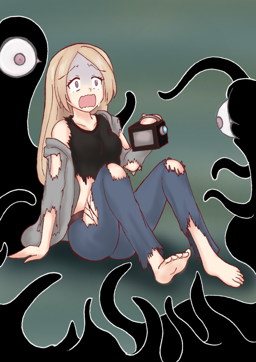 barefoot blonde_hair camera cat_in_the_box crying girl_(cat_in_the_box) imminent_rape imminent_tentacle_rape monster scared scared_expression tagme tears tentacle torn_clothes torn_clothing