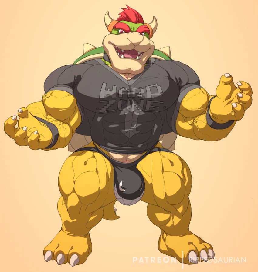 abs abs_visible_through_clothing bara biceps bowser bulge bullet_bill chest_hair claws flaccid hairy jockstrap male_only mario_(series) muscular muscular_anthro muscular_arms muscular_legs muscular_male muscular_thighs nintendo nipples_visible_through_clothing pecs red_eyes red_hair ripped-saurian shell smiling_at_viewer solo solo_male spikes stubble tail tight_clothing tshirt veins veiny_muscles wrist_cuffs