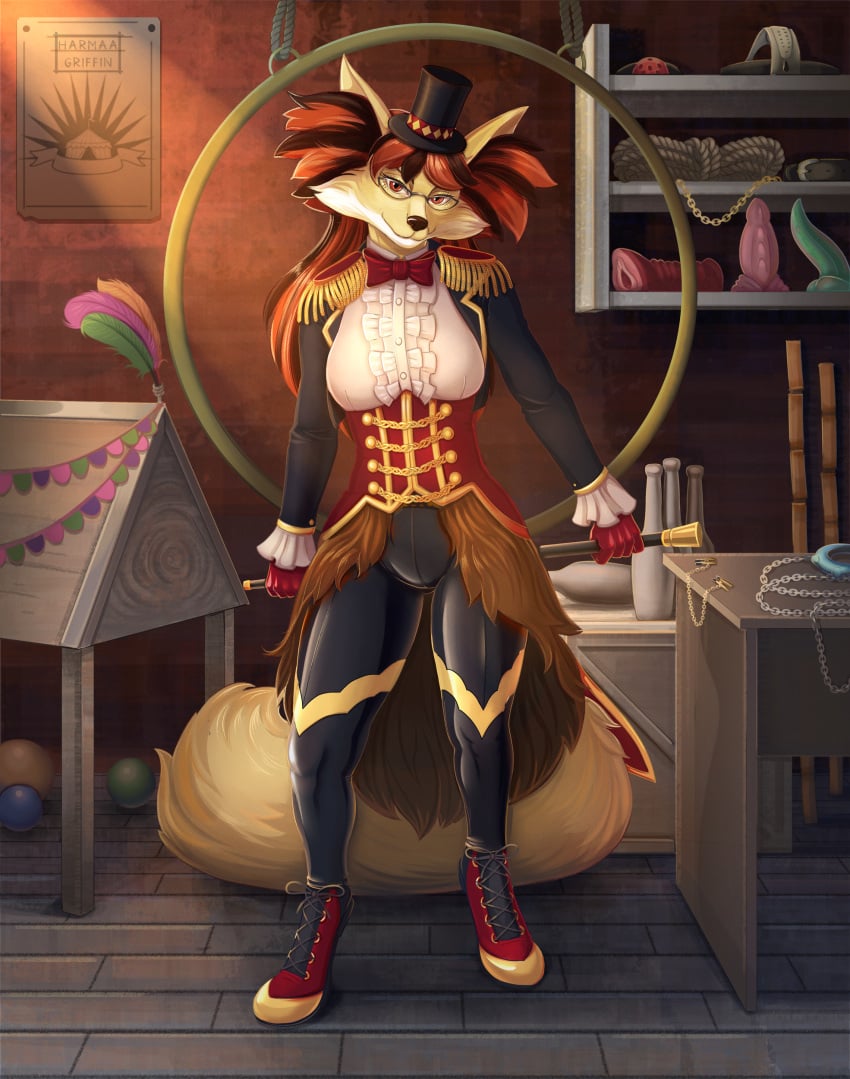 absurd_res anthro cane circus clothing delphox dildo eyewear female glasses harmaagriffin hat headgear headwear hi_res juggling_pin looking_at_viewer nintendo nipple_chain pokémon_(species) pokemon poster ring ringmaster_outfit rope sex_toy smile solo top_hat video_games wooden_horse_(device)