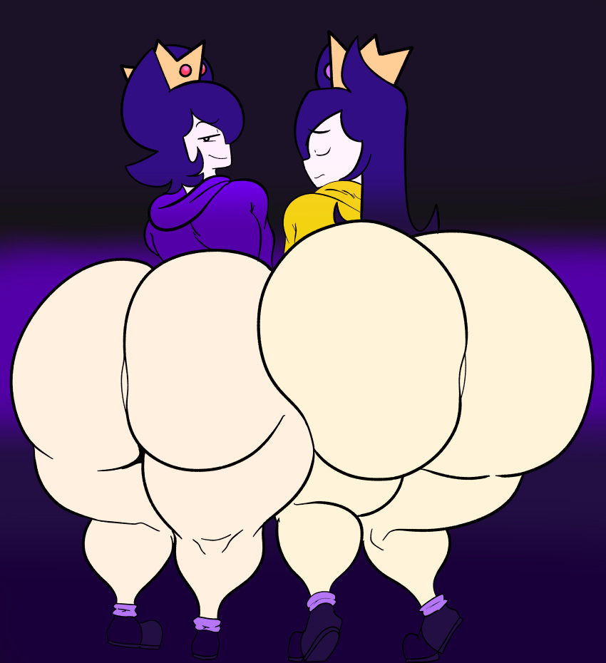 2021 2girls alternate_version anus_peek ass ass_focus ass_to_ass ass_view back_view big_ass bottom_heavy bottomless bubble_ass bubble_butt butt_focus closed_eyes crown curvy curvy_figure dat_ass dumplis_(artist) duo duo_focus female female_focus female_only frown gigantic_ass hoodie huge_ass hyper hyper_ass long_hair looking_at_viewer looking_back mob_face multiple_girls nano_(dumplis) oc original original_character pale-skinned_female pale_skin purple_background purple_hair purple_hoodie rear_view royal shoes short_hair siblings simple_background sisters smug smug_grin stacy_(dumplis) thick_thighs topwear voluptuous yellow_hoodie